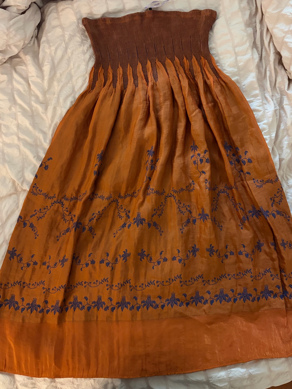Lapis Bohemian Smocked Waist Orange Embroidered Maxi Skirt or Dress